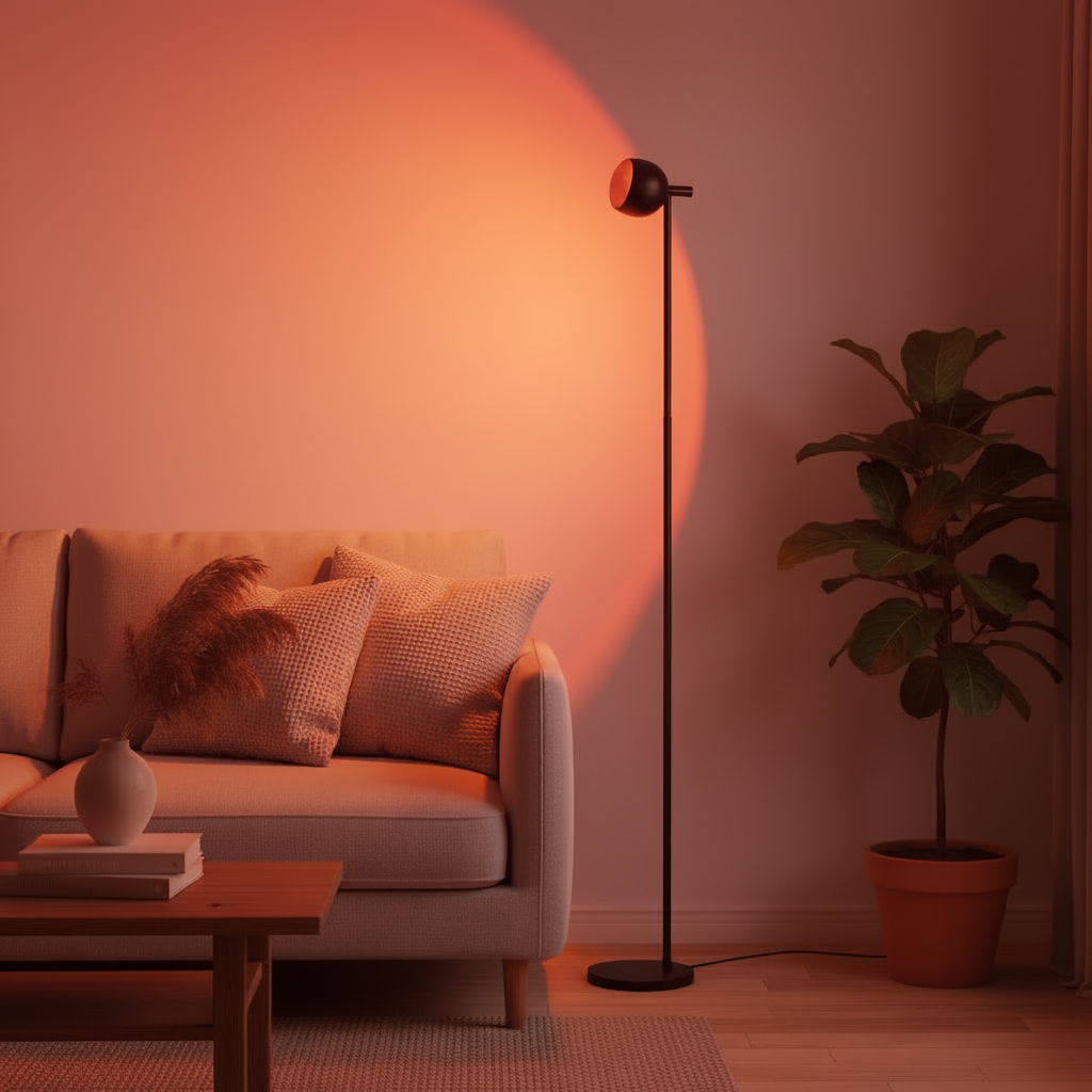 Lampe sur pied projecteur coucher de soleil dans un salon moderne